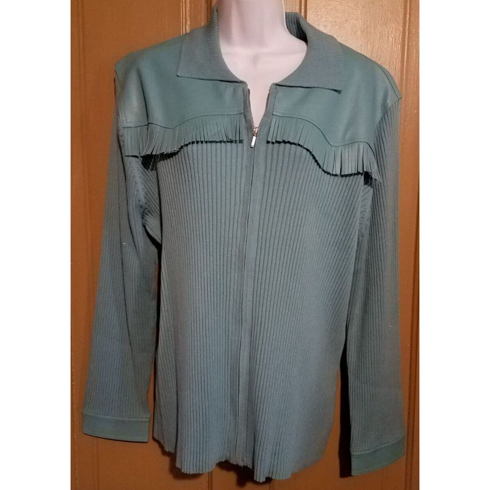 VTG Grand Ole Opry Zip Front‎ Ribbed Cardigan Sweater Faux Leather Fringe 3X New